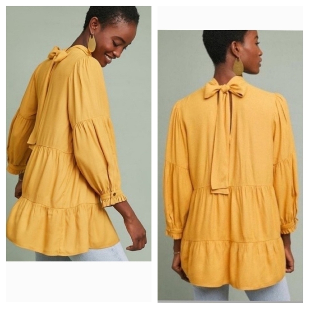 MAEVE by Anthropologie mustard tiered Goldie Ruffle neck tunic xsmall oversized